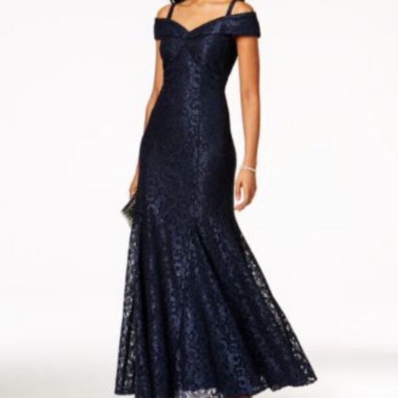 NWT Women R&M Richards Blue Lace Off the Shoulder Shimmer Mermaid Gown Dress 10P - Picture 1 of 14